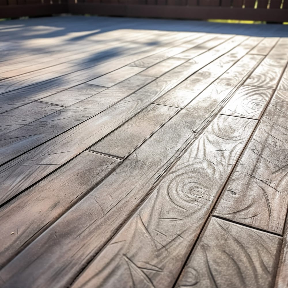 A stamped concrete floor that looks like wood made by des moines concrete works