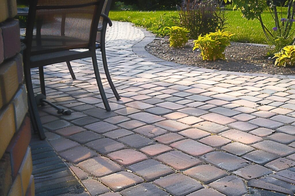 a paved patio with light gray and reddish brown bricks